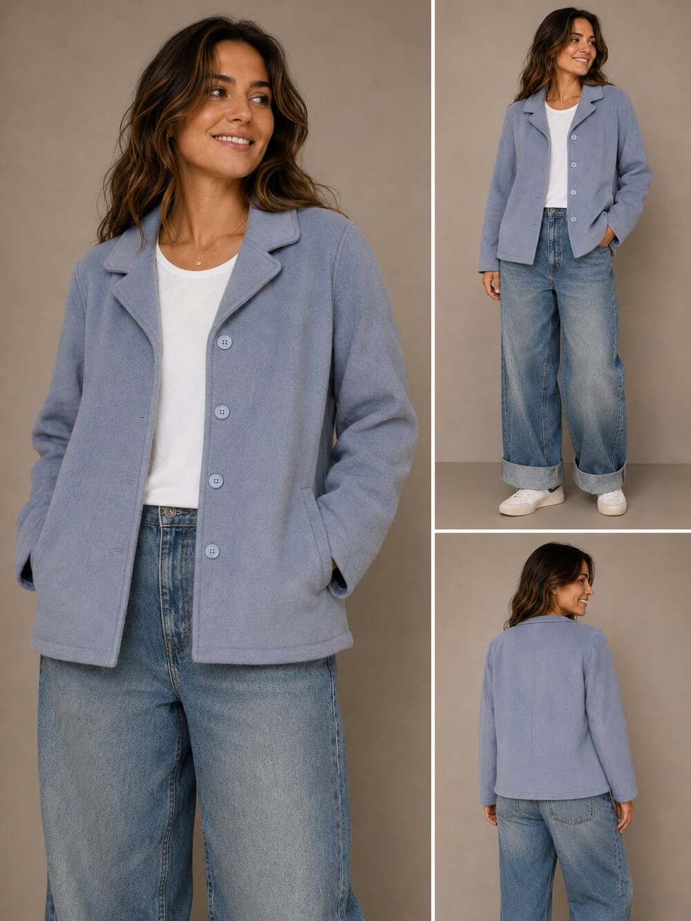 Jillian Jones Women's Light Blue 98% Wool Blend Button-Front Collared Jacket
31J